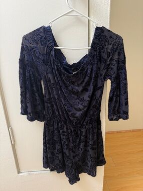 Midnight Blue Velvet Floral Romper. Off the shoulder